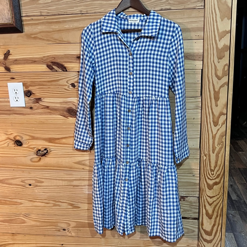 Anna-Kaci Blue Gingham Tiered Shirt Dress Button Down Midi Collared L/S Size M